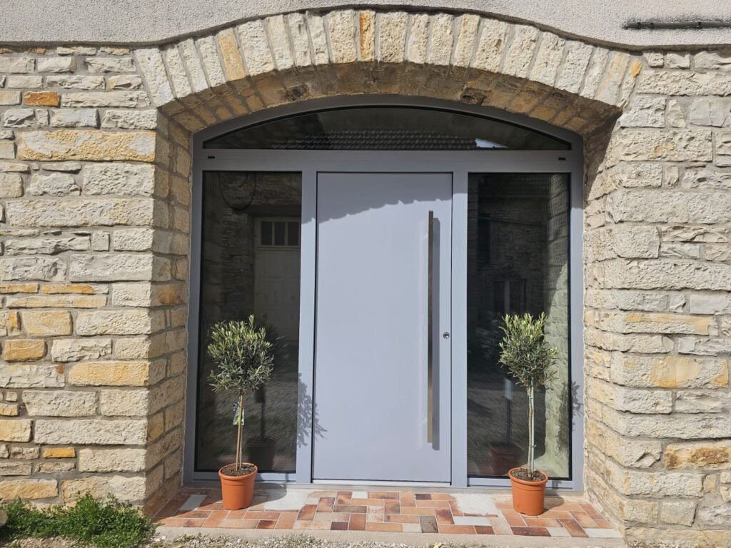 Porte d'entrée aluminium Inotherm gris clair 7040 avec imposte cintrée sous arche en pierre à Corcelles-les-Monts.