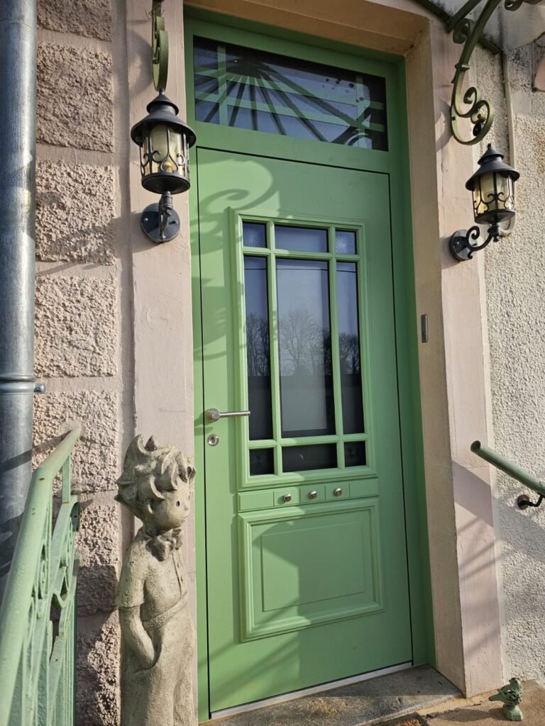 Porte d'entrée Inotherm en aluminium verte installée à Clénay en Côte-d'Or