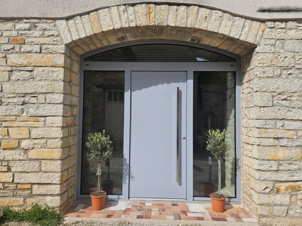 Porte d'entrée aluminium Inotherm gris clair 7040 avec imposte cintrée sous arche en pierre à Corcelles-les-Monts.