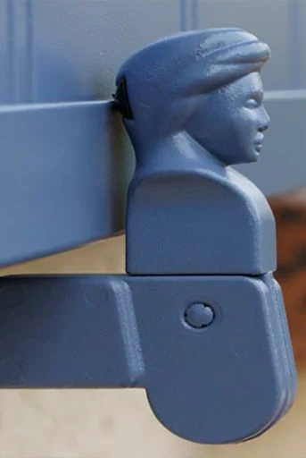 Arrêt de volet bergère en aluminium bleu, avec son chignon en polyamide qui vient au contact du volet sans rayer le thermolaquage