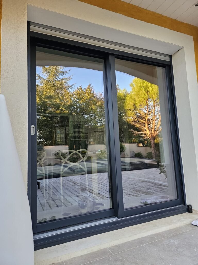 Levant coulissant aluminium Finstral, vue en contre-plongée, Rouvres-en-Plaine