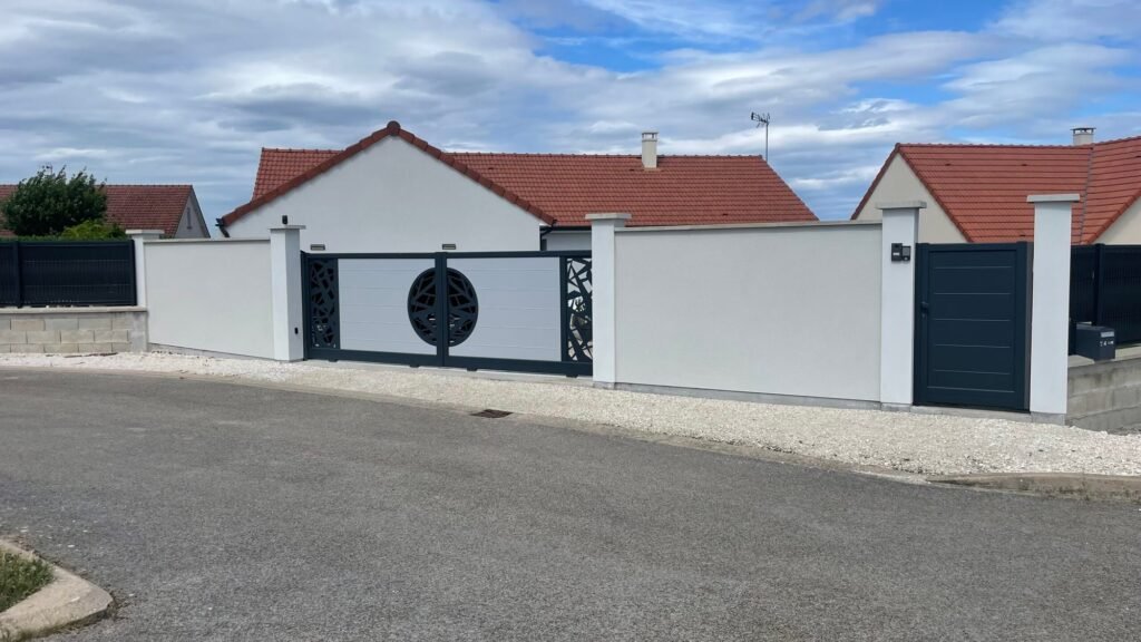 Aménagement d'entrée avec portail aluminium coulissant antagoniste bicolore, portillon piéton gris anthracite et clôture assortie à Brethenay (52)