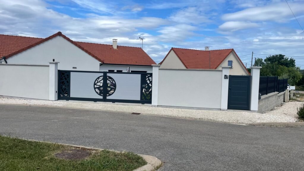 Portail aluminium coulissant antagoniste de la marque Cetal, modèle bicolore gris anthracite et blanc crème avec portillon et clôture assortis à Brethenay (52).