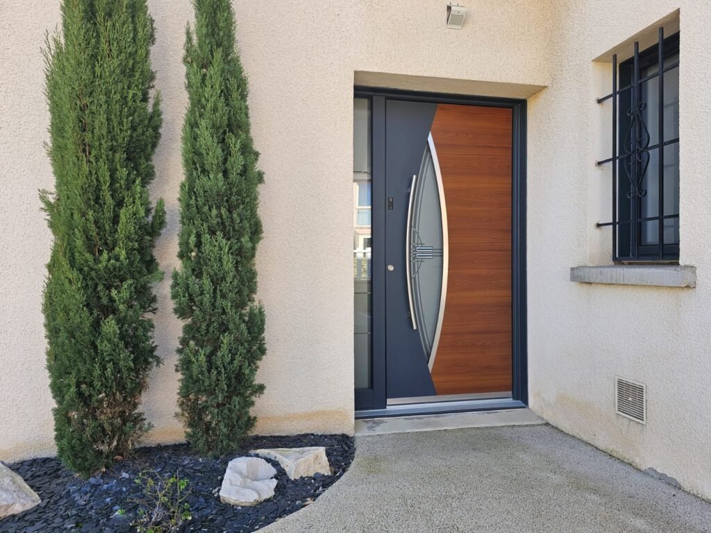 Porte d'entrée aluminium Inotherm RAL 7016 à décor bois et vitrage fusing, vue de face, Quetigny