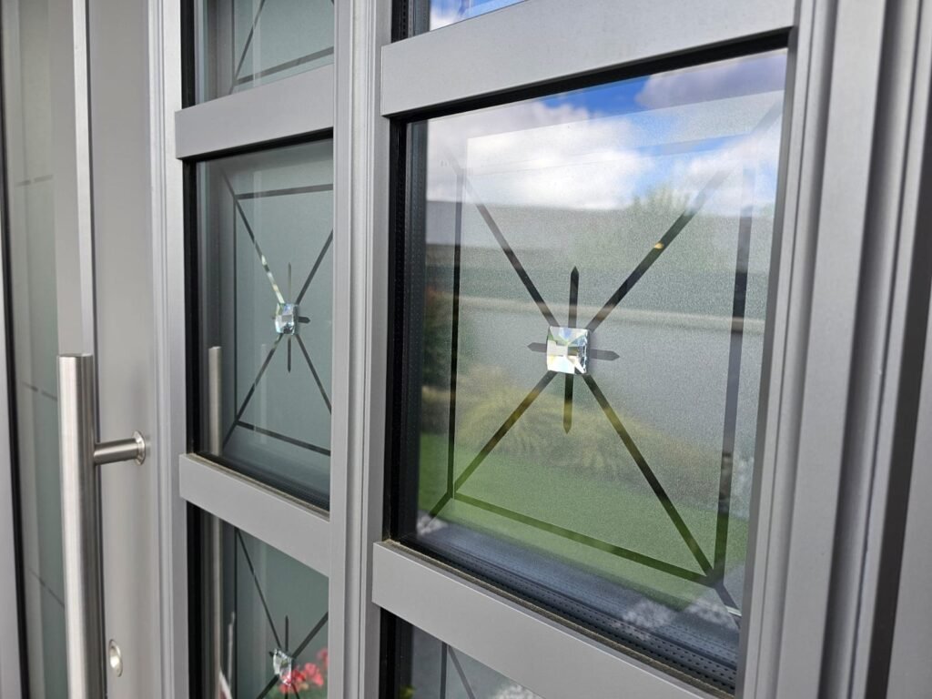 Détail du vitrage satiné à insert cristal facetté, porte Inotherm