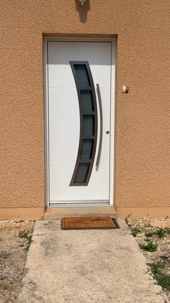 Porte d'entrée aluminium blanc Inotherm avec vitrage courbé et barre de tirage en inox à Jonchery (52).