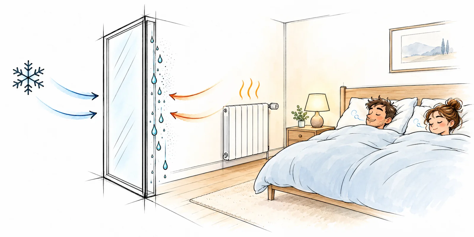 Condensation sur une fenêtre : la buée se forme sur la vitre froide d'une chambre chauffée, un matin d'hiver